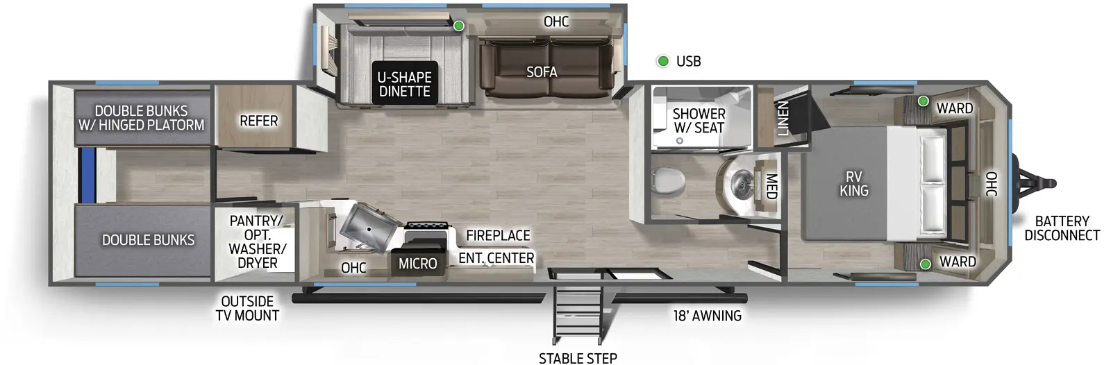 The Timberwolf 39TN floorplan has one entry and one slide out. Exterior features include: metal exterior and 18' awning. Interiors features include: bunk beds, u-dinette and front bedroom.